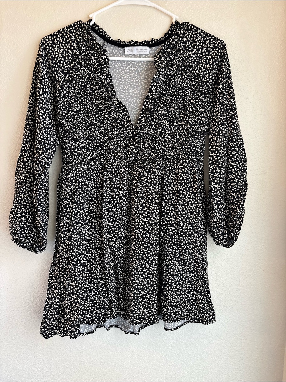 Zara Girls 11-12 Black White Floral Smocked Ruffle Dress Boho Cottagecore